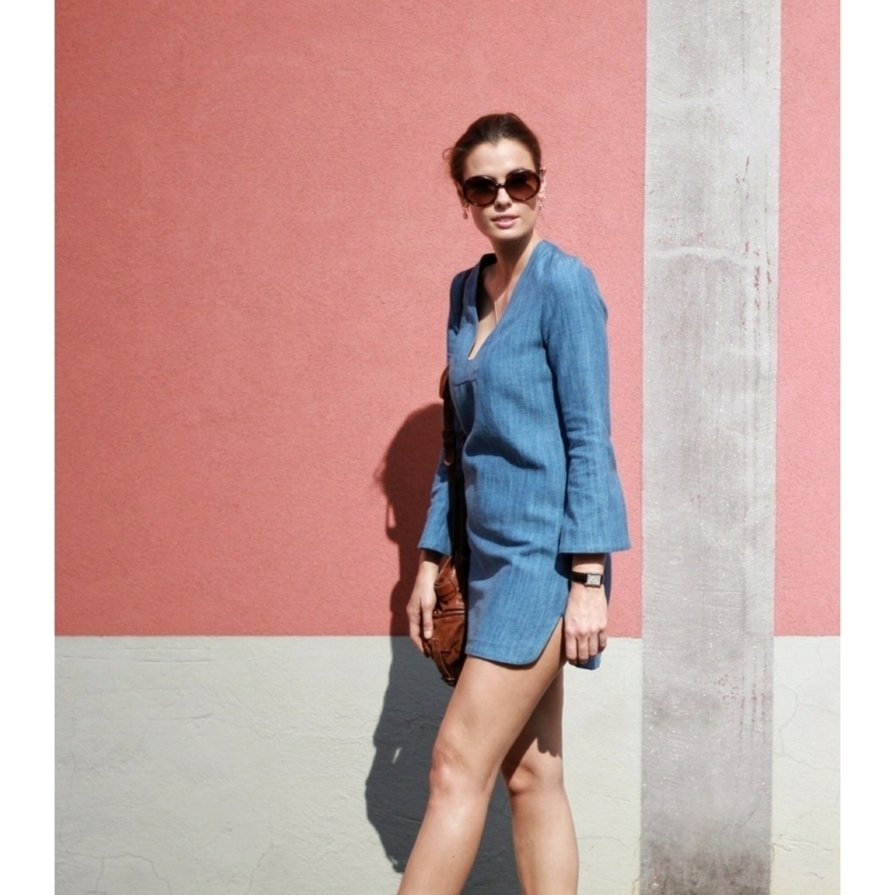 ZARA // wide sleeve plunge v-neck soft denim mini dress
